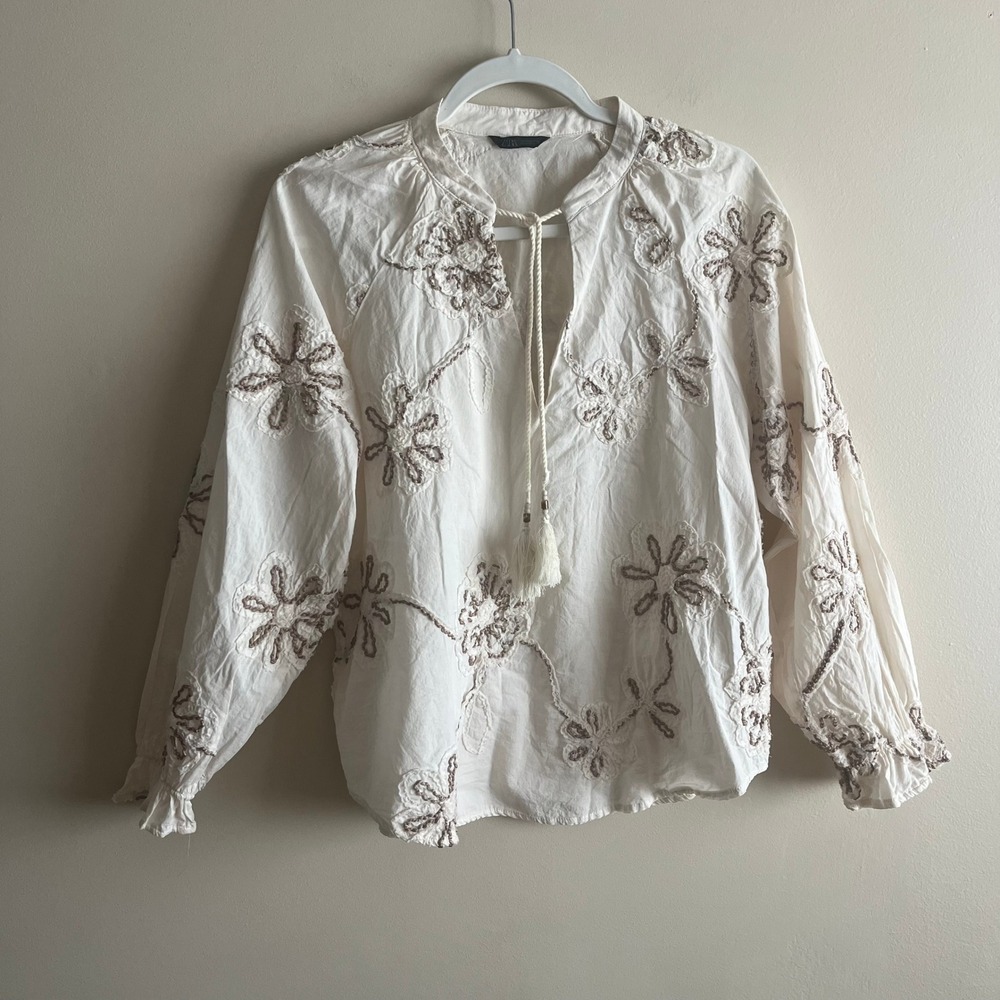 Zara Embroidered Floral Peasant Blouse Size S Boho Balloon Sleeve Tassel Tie - Picture 1 of 7